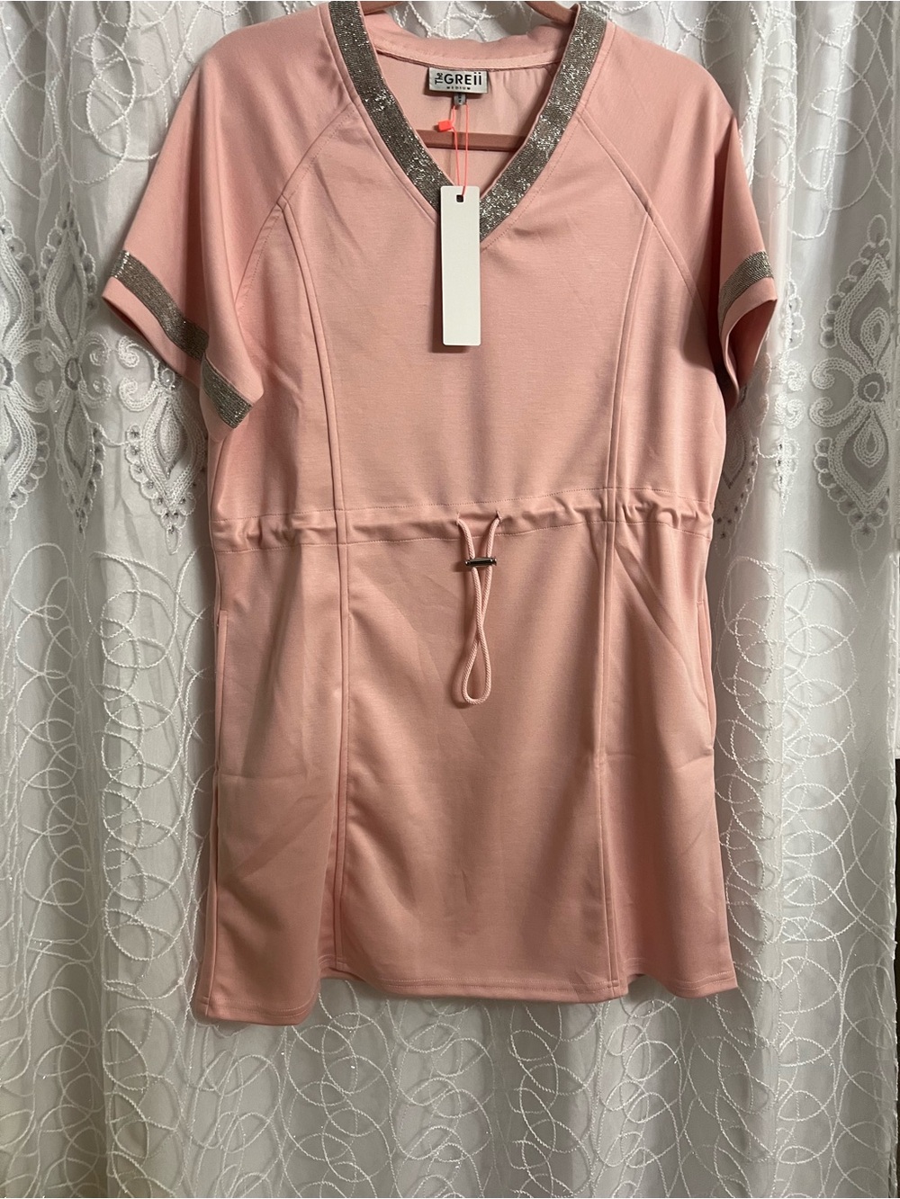 Pink V-Neck Drawstring Women's Dress with Metallic Trim